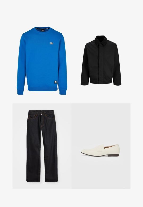 Černá bunda s manžetovým límcem, rovný střih, dlouhé rukávy a hladký povrch bez viditelných zapínání nebo vzorů.; Modrá mikina s kulatým výstřihem vyrobená z bavlněné směsi s ribovanými manžetami a spodním lemem. Na hrudi se nachází malé černobílé logo.; Pánské černé džíny rovného střihu s pěti kapsami a oranžovým prošíváním, s knoflíkem a zipem na předním pásku.; Světlé béžové mokasíny s špičatou špičkou, hladkým materiálem, páskem přes nárt a nízkou hnědou podrážkou. Jednoduchý design s minimálními akcenty.