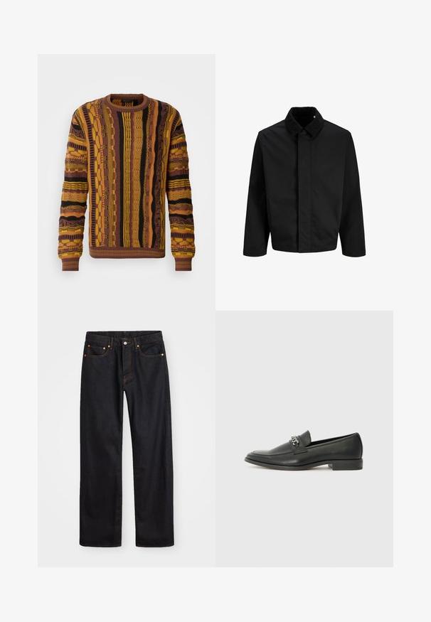 Zwarte jas met een ribbels kraag, een rechte snit, lange mouwen en een gladde textuur zonder zichtbare sluitingen of patronen.; Gebreide trui in bruin, geel en zwart met verticale patronen. Beschikt over geribbelde manchetten en halslijn, met textuurdetails doorheen.; Heren straight-leg zwarte denim jeans met vijf zakken en oranje stiksels, knoop- en ritssluiting op de voorkant van de tailleband.; Zwarte leren instapper met een gladde afwerking, voorzien van een gestikt ontwerp en een decoratieve metalen kettingaccent over de wreef. Platte hak.
