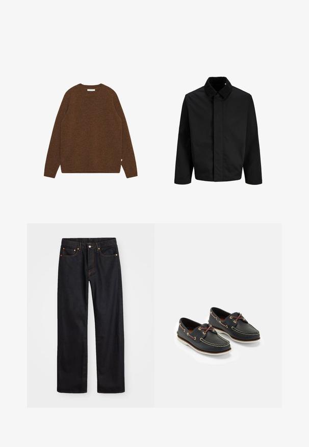 Schwarze Jacke mit Cordkragen, geradem Schnitt, langen Ärmeln und glatter Textur ohne sichtbare Verschlüsse oder Muster.; Brauner Wollpullover mit Rundhalsausschnitt, gerippten Bündchen und Saum. Weiche Textur, klassisches Design mit minimalem Branding am Saum.; Herren gerade geschnittene schwarze Jeans aus Denim mit fünf Taschen und orangefarbenen Nähten, Knopf- und Reißverschluss vorne am Bund.; Marineblaue Lederbootsschuhe mit gelbem Nähen, roten Schnürsenkeln und silbernen Ösen; runde Zehenform; weiße Gummisohle.