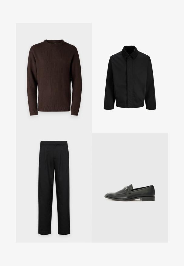 Melnā jaka ar kordūras apkakli, taisnu piegriezumu, garām piedurknēm un gludu tekstūru bez redzamām aizdariem vai rakstiem.; Jack & Jones JJROY KNIT CREW NECK - Džemperis - mulch; Melnas bikses, izgatavotas no gludas auduma, ar taisnu kāju dizainu, divām priekšējām krokām un standarta jostu, kurai ir āķi.; Melna ādas loafer izmēra apavi ar gludu virsmu, piedāvā ar šūtu dizainu un dekoratīvu metāla ķēdes akcentu pār vampu. Plakana papēža daļa.
