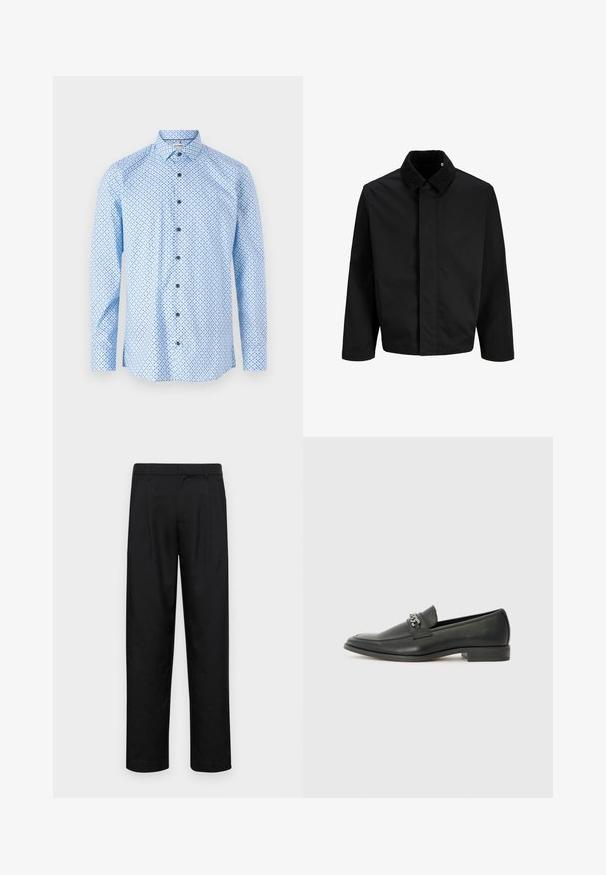 Giacca nera con colletto in velluto a costine, taglio dritto, maniche lunghe e superficie liscia senza chiusure visibili o decorazioni.; Camicia button-down di un blu chiaro con un motivo di piccoli punti blu scuro, maniche lunghe e colletto classico. Presenta bottoni neri.; Pantaloni neri realizzati in tessuto liscio, caratterizzati da un taglio dritto, due pieghe frontali e una vita standard con passanti per la cintura.; Mocassino in pelle nera con finitura liscia, caratterizzato da un design cucito e da un accento decorativo in catena metallica sul vamp. Tacco piatto.