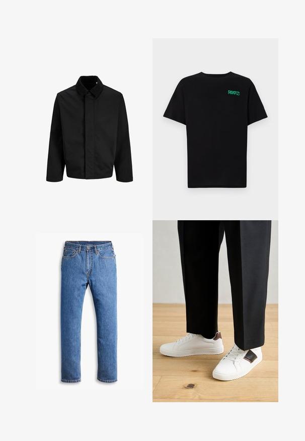 Chaqueta negra con cuello de pana, corte recto, mangas largas y una textura suave sin cierres ni patrones visibles.; Camiseta negra de algodón con mangas cortas. Presenta un logo verde "ROOTS" en el frente, escote redondo y corte estándar.; Jeans de mezclilla azul con corte recto, que cuentan con cinco bolsillos, cierre de botón y acentos de costura naranja sobre un fondo blanco limpio.; Zapatillas blancas con textura suave, con acentos de cuero marrón y detalles en negro, combinadas con pantalones negros ajustados. Fondo de suelo de madera.