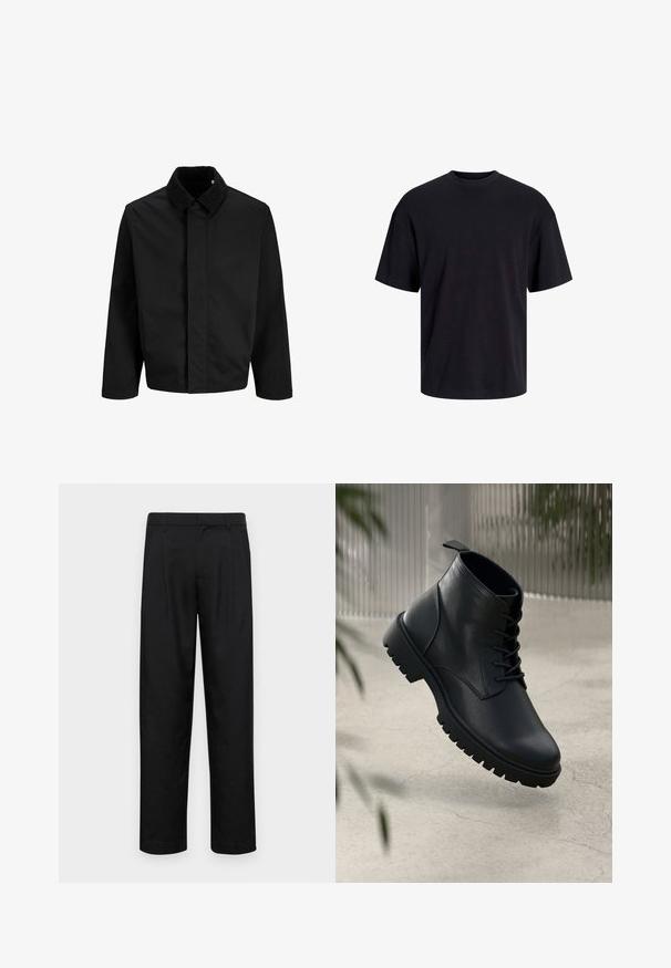 Black jacket featuring a corduroy collar, a straight cut, long sleeves, and a smooth texture with no visible fastenings or patterns.; Black cotton t-shirt with a crew neckline, short sleeves, and a relaxed fit. Smooth texture and no visible patterns or accents.; Black trousers made of smooth fabric, featuring a straight-leg design, two front pleats, and standard waistband with belt loops.; Black leather ankle boots with a rounded toe, lace-up design, and rugged rubber sole. Smooth texture with a pull tab at the back.
