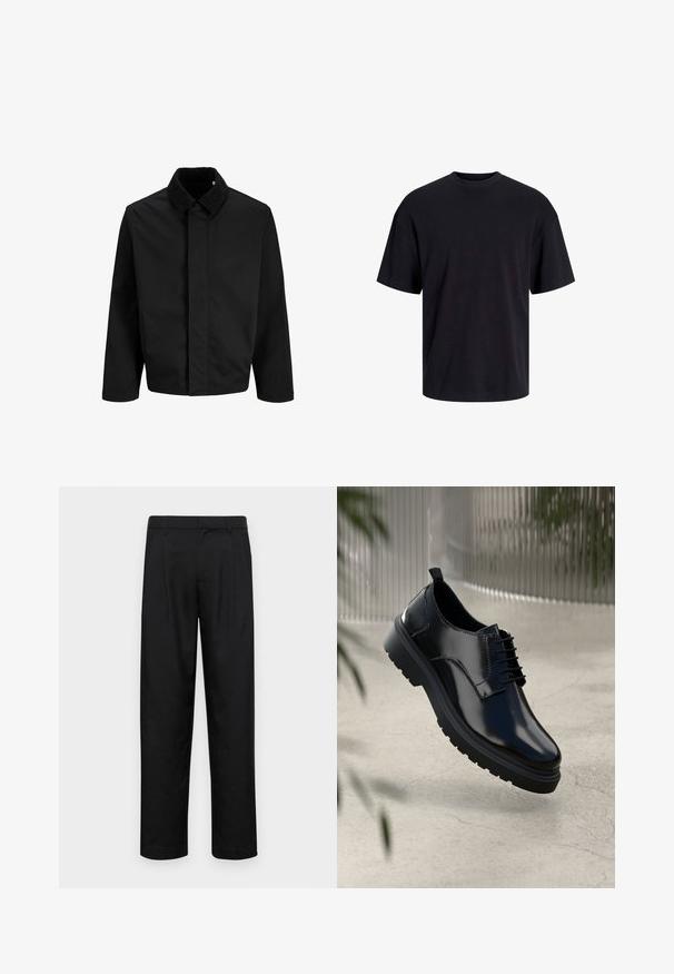 Veste noire avec un col en velours côtelé, coupe droite, manches longues et une texture lisse sans fermetures ni motifs visibles.; T-shirt en coton noir avec un col ras du cou, des manches courtes et une coupe décontractée. Texture lisse sans motifs ni accents visibles.; Pantalons noirs en tissu lisse, avec une coupe droite, deux plis avant et une taille standard avec passants de ceinture.; Chaussure en cuir noir avec une finition brillante, bout rond, design à lacets, surpiqûres contrastantes, et semelle épaisse en caoutchouc avec motifs de relief.