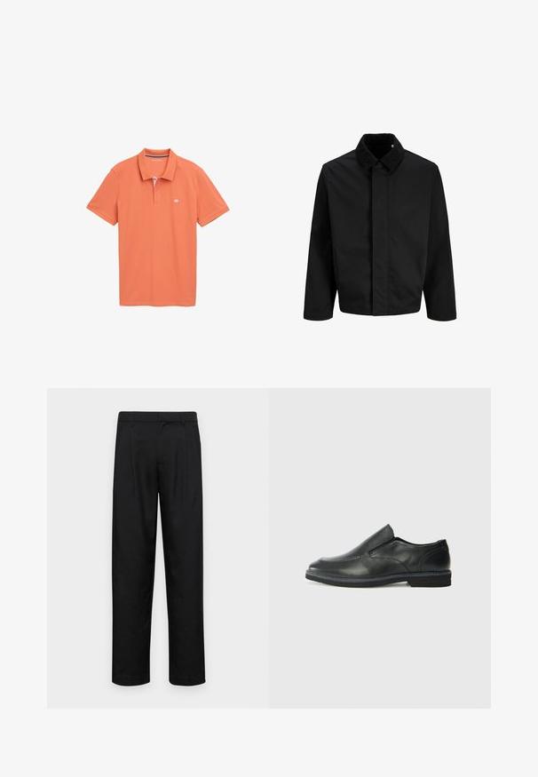 Musta takki, jossa on vakosamettikaulus, suora leikkaus, pitkät hihat ja sileä pinta ilman näkyviä kiinnityksiä tai kuvioita.; Oranssi lyhythihainen polo-paita, joka on valmistettu pehmeästä puuvillasta. Siinä on raidallinen kaulus, jossa on kaksi nappia, huomaamaton logo rinnassa ja suora helma.; Mustat housut, jotka on valmistettu sileästä kankaasta, suoran lahkeen muotoilulla, kahdella etupleekillä ja tavanomaisella vyötäröllä, jossa on vyölenkit.; Musta nahkainen liukujalkine, jossa on sileä pinta, ommeltuja yksityiskohtia, pyöristetty kärki ja matala kumipohja. Pohjassa on minimaalinen pito.