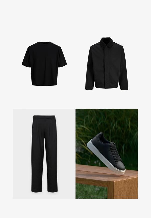 Juodas švarkas su aksominėmis apykaklėmis, tiesiu siluetu, ilgomis rankovėmis ir lygiu paviršiumi be matomų užsegimų ar raštų.; Juoda apkirpta marškinėlių tipo palaidinė, pagaminta iš lygaus medvilnės audinio. Turi apvalų kaklą ir trumpas rankoves, su paprastu, minimalistiniu dizainu.; Juodi kelnių modeliai, pagaminti iš lygios medžiagos, turi tiesią kojas, du priekiniai klostės ir standartinę juosmenį su diržo kilpomis.; Juodas odinis sportbačių modelis su lygiu paviršiumi, baltu guminio pado ir šešiomis skylutėmis raišteliams, eksponuojamas ant medinės paviršiaus.