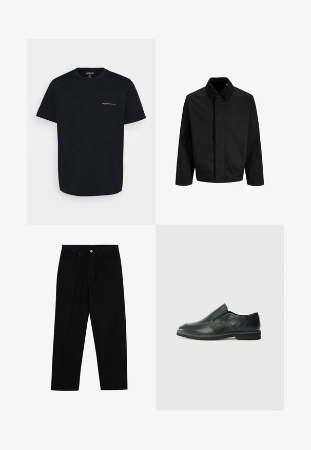 Black jacket featuring a corduroy collar, a straight cut, long sleeves, and a smooth texture with no visible fastenings or patterns.; Black cotton t-shirt with short sleeves, featuring a small, gold embroidered "Originals" logo on the left chest. Classic crew neck design.; Black denim pants featuring a straight-leg cut, five-pocket design, and a front button closure. Smooth texture with minimal stitching details.; Black leather slip-on shoe with a smooth upper, stitched accents, rounded toe, and a low rubber heel. Sole features minimal tread.