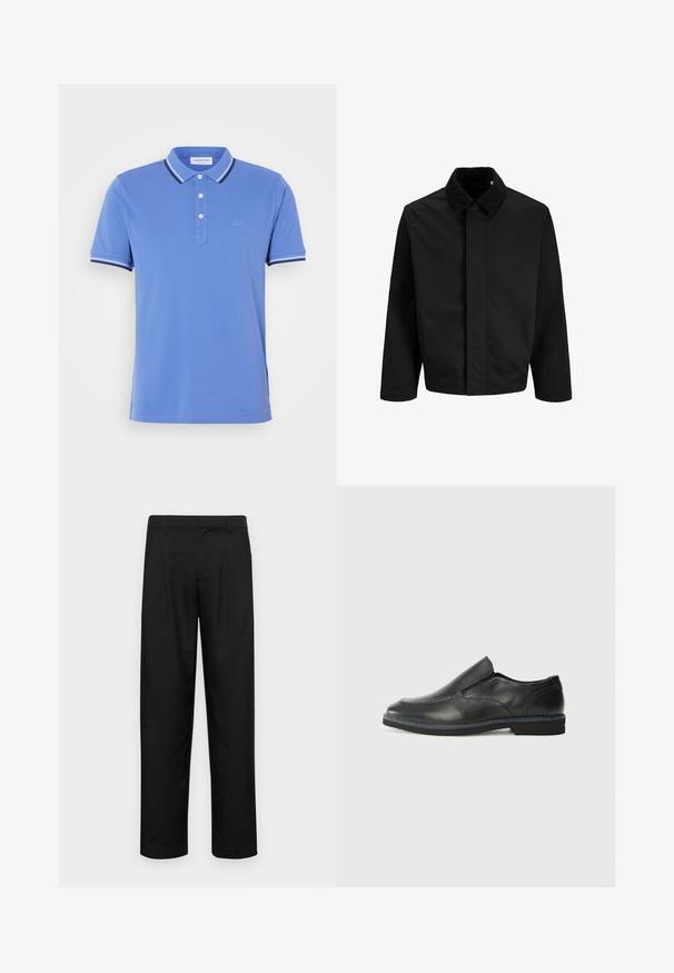 Melnā jaka ar kordūras apkakli, taisnu piegriezumu, garām piedurknēm un gludu tekstūru bez redzamām aizdariem vai rakstiem.; Zila kokvilnas polo krekls ar trīs pogām, kontrastējošām baltām un tumši zilām svītrām uz apkakles un piedurknēm.; Melnas bikses, izgatavotas no gludas auduma, ar taisnu kāju dizainu, divām priekšējām krokām un standarta jostu, kurai ir āķi.; Melnas ādas slip-on kurpes ar gludu augšdaļu, izšūtām akcentiem, noapaļotu purngala daļu un zemu gumijas papēdi. Zole ar minimālu rakstu.