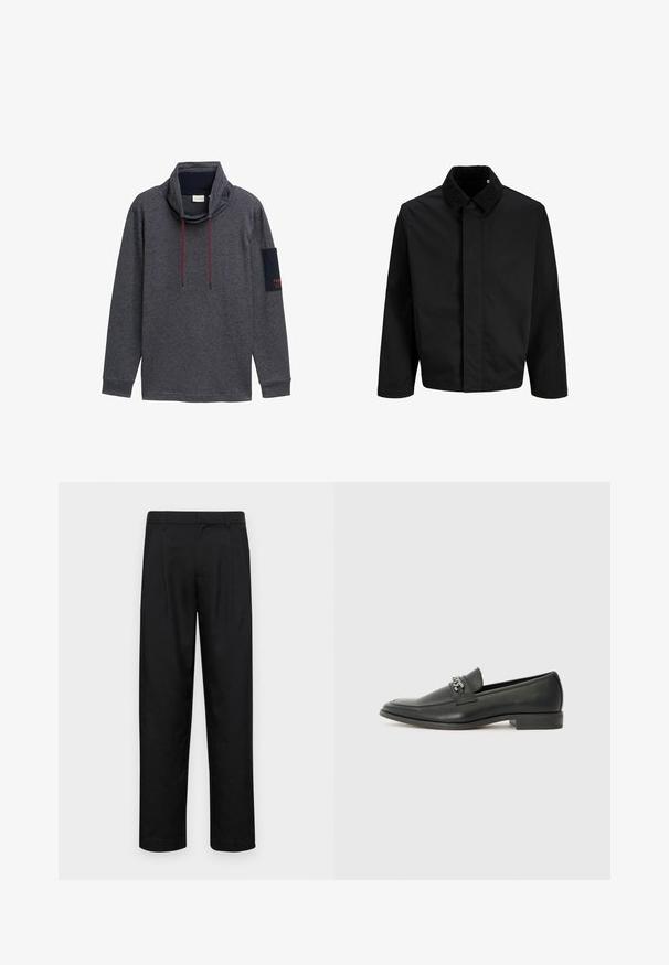 Zwarte jas met een ribbels kraag, een rechte snit, lange mouwen en een gladde textuur zonder zichtbare sluitingen of patronen.; Grijze lange mouw pullover met een hoge hals, trekkoorden en een marineblauwe patch op de linker mouw met rode tekst. Gemaakt van een zachte, gestructureerde stof.; Zwarte broeken van gladde stof, met een recht model, twee voorknikken en een standaard tailleband met riemlussen.; Zwarte leren instapper met een gladde afwerking, voorzien van een gestikt ontwerp en een decoratieve metalen kettingaccent over de wreef. Platte hak.