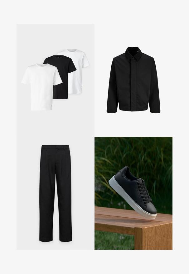 Giacca nera con colletto in velluto a costine, taglio dritto, maniche lunghe e superficie liscia senza chiusure visibili o decorazioni.; Tre T-shirt in bianco, nero e bianco, con maniche corte, design a girocollo e realizzate in morbido e traspirante tessuto di cotone.; Pantaloni neri realizzati in tessuto liscio, caratterizzati da un taglio dritto, due pieghe frontali e una vita standard con passanti per la cintura.; Sneaker in pelle nera con una texture liscia, suola in gomma bianca e sei grommet per i lacci, posizionata su una superficie di legno.