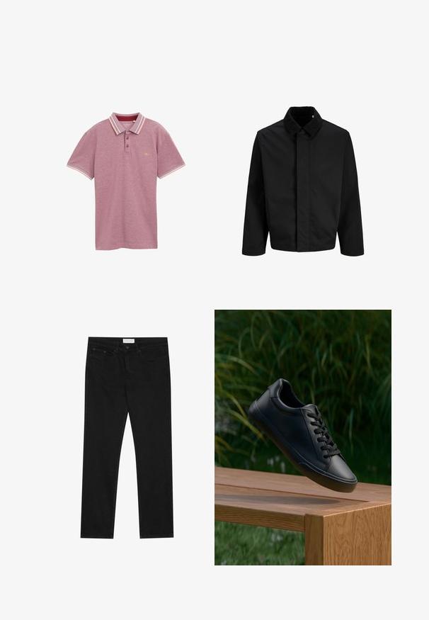 Giacca nera con colletto in velluto a costine, taglio dritto, maniche lunghe e superficie liscia senza chiusure visibili o decorazioni.; Polo shirt bordeaux, maniche corte, tessuto a maglia, colletto con due bottoni, colletto e polsini a righe in colori contrastanti, logo sul petto.; Jeans neri a gamba dritta con design a cinque tasche, chiusura con bottone e zip, e etichetta del marchio Pier One sulla cintura.; Sneaker in pelle nera con texture liscia, punta rotonda e lacci piatti, posizionato sopra una superficie di legno con erba verde sullo sfondo.