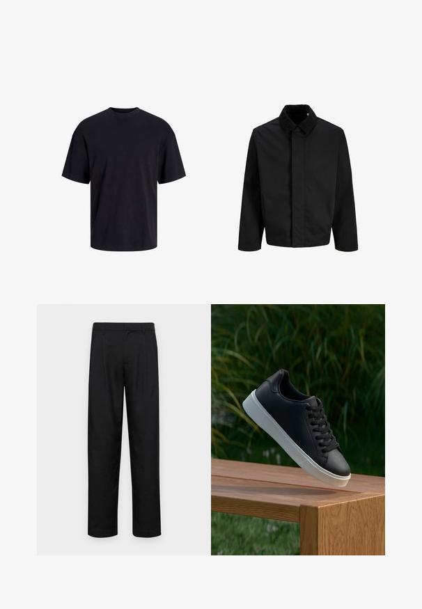 Juodas švarkas su aksominėmis apykaklėmis, tiesiu siluetu, ilgomis rankovėmis ir lygiu paviršiumi be matomų užsegimų ar raštų.; Juodas medvilninis marškinėlis su apvaliu iškirpimu, trumpomis rankovėmis ir laisvu siluetu. Glotni tekstūra, be matomų raštų ar akcentų.; Juodi kelnių modeliai, pagaminti iš lygios medžiagos, turi tiesią kojas, du priekiniai klostės ir standartinę juosmenį su diržo kilpomis.; Juodas odinis sportbačių modelis su lygiu paviršiumi, baltu guminio pado ir šešiomis skylutėmis raišteliams, eksponuojamas ant medinės paviršiaus.