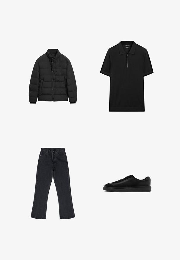 Czarna kurtka puchowa z wysokim kołnierzem, zapięciem na napy, pikowanym wzorem, bocznymi kieszeniami i elastycznymi mankietami dla większego ciepła.; Czarna koszulka polo z krótkim rękawem, z kołnierzykiem stójkowym i zamkiem błyskawicznym z przodu. Wykonana z gładkiego materiału o czystym, minimalistycznym designie.; Czarne dżinsy o wysokim stanie, szerokich nogawkach, pięciopocketowym fasonie i miedzianych detalach. Posiadają subtelne detale przeszycia.; Czarne skórzane trampki o gładkim wykończeniu, okrągłym nosku, z sznurowanym przodem i kontrastującym teksturowanym językiem. Gruba czarna gumowa podeszwa.