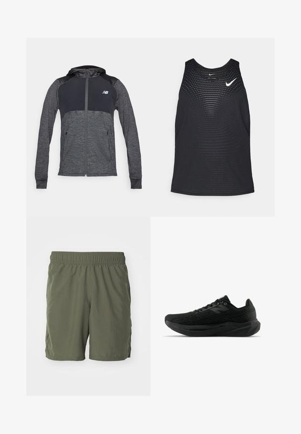 Sudadera atlética gris con cremallera frontal, hombros en un tono más oscuro, dos bolsillos frontales y un pequeño logo en el lado izquierdo del pecho.; Camiseta sin mangas deportiva negra con textura perforada y escote redondeado. Presenta un logo de Nike en blanco en el pecho.; Pantalones cortos verde oliva hechos de un material ligero, con una cinturilla elástica y aberturas laterales para facilitar el movimiento. Diseño simple.; Zapatilla deportiva negra con parte superior texturizada, que presenta un diseño elegante, cierre de cordones y una suela con mayor grosor y dibujo para mejorar la tracción.
