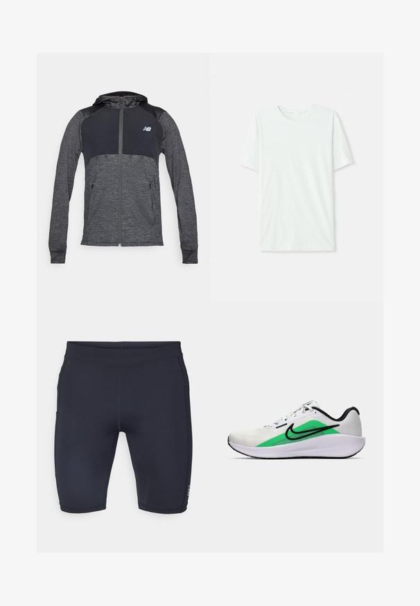 Γκρι αθλητική ζακέτα με φερμουάρ μπροστά, σκουρόχρωμους ώμους σε αντίθεση, δύο μπροστινές τσέπες και ένα μικρό λογότυπο στην αριστερή πλευρά του στήθους.; Φωτεινό μέντα πράσινο κοντομάνικο μπλουζάκι από μαλακό ύφασμα. Διαθέτει στρογγυλή λαιμόκοψη και απλή, ευθεία γραμμή χωρίς διακοσμήσεις.; Ναυτικά σορτς από ελαστικό υλικό με εφαρμοστό σχέδιο. Διαθέτουν λείες ραφές και ένα μικρό λογότυπο στο αριστερό πόδι.; Λευκό αθλητικό παπούτσι με πράσινη λεπτομέρεια, μαύρο λογότυπο, επάνω μέρος από δίχτυ, μαλακή σόλα και στρογγυλή φτέρνα. Διαθέτει κορδόνια και αντίθετες λεπτομέρειες.
