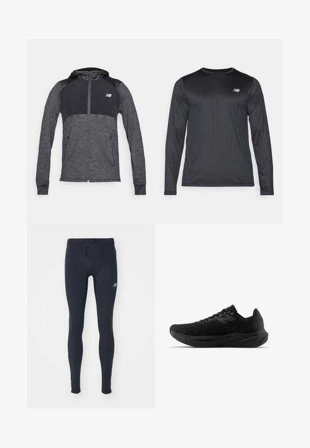 Harmaa urheilullinen huppari vetoketjulla edessä, tummemmalla kontrastivärillä olkapäissä, kaksi etutaskua ja pieni logo vasemmassa rinnassa.; Pitkähihainen urheilupaita mustana, valmistettu sileästä, kevyestä kankaasta, jossa on hienovarainen tekstuuri. Ominaisuuksiin kuuluu pieni logo vasemmassa ylärinnassa.; New Balance SLEEK REFLECIVE TIGHT - Trikoot - black; Mustat urheilukengät, joissa on teksturoitu päällys, tyylikäs muotoilu, nauhakiinnitys ja paksumpi uritettu pohja paremman pidon takaamiseksi.