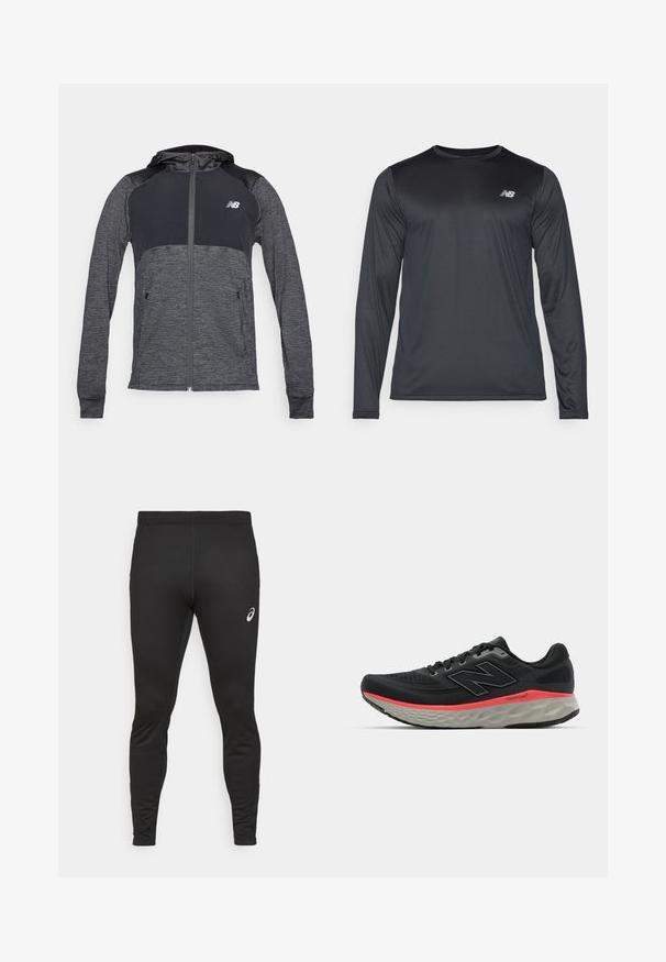 Grauer sportlicher Kapuzenpullover mit Reißverschluss vorne, kontrastierenden dunkleren Schultern, zwei vorderen Taschen und einem kleinen Logo auf der linken Brust.; Schwarz, langärmliges Sportshirt aus glattem, leichtem Stoff mit subtiler Textur. Mit kleinem Logo auf der linken oberen Brust.; Schwarze Sportleggings aus dehnbarem Material, mit einer figurbetonten Silhouette, glatter Textur und einem kleinen weißen Logo auf dem Oberschenkel.; Schwarzer Laufschuh mit Obermaterial aus Mesh, akzentuiert durch einen rosa Mittelsohlenstreifen und grauen Außensohle. Verfügt über strukturierte Details und ein flexibles Sohlen-Design.