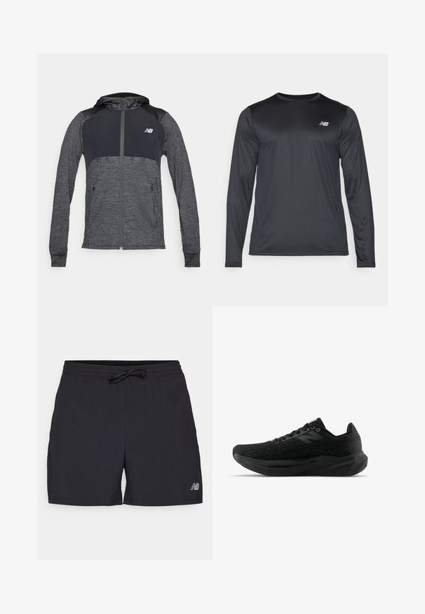 Pelēks sporta hoody ar rāvējslēdzēju priekšpusē, tumšākām plecu daļām, divām priekšējām kabatām un mazu logotipu kreisajā krūtīs.; Melna garanotā sporta krekls ar garām piedurknēm, izgatavots no gludas, vieglas auduma ar smalku faktūru. Uz augšējā kreisā krūšu apgabala ir neliels logotips.; Melni sporta šorti ar elastīgu jostu un regulējamu auklu. Apakšējā labajā kājā ir New Balance logo pelēkā krāsā.; Melnas sporta kurpes ar teksturētu augšdaļu, piedāvājot elegantu dizainu, saites aizdari un biezāku protektora zoli uzlabotai saķerei.