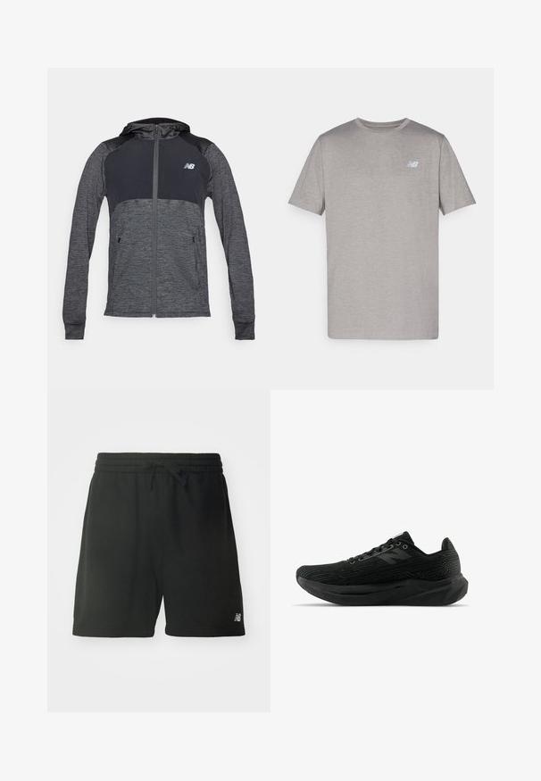 Must ja tumehall lukuga kapuutsiga pusa, millel on sile tekstuur, kapuuts, küljetaskud ja rinnal logo detail.; Hall narmastee t-särk pehmest kangast, õlavarre pikkusega ja halli tooniga, millel vasakul rinnal on kerge helesinine logo. Ümmargune kaelus, tavaline lõige.; Mustadest puuvillast spordilühikesed püksid, millel on elastne vöökoht, reguleeritav nöör ja logo detail vasakul jalal. Sile tekstuur.; Mustan sportliku jalanõu tekstureeritud pealsega, millel on stiilne disain, paeltesulgemine ja paksem mustriline tald paremaks haardevõimeks.