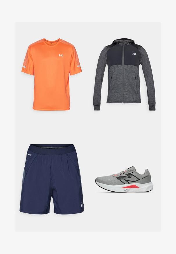 Grå treningshettegenser med glidelås foran, mørkere kontrasterende skuldre, to frontlommer og en liten logo på venstre bryst.; Kortermet trenings T-skjorte i lysende oransje, laget av glatt stoff. Har stripete detaljer på skuldrene og en liten hvit logo.; Mørkeblå treningsshorts med elastisk midje, sidelommer og lysegrå detaljer. Laget av lett, glatt stoff for komfort.; Grå idrettssko med teksturert mesh-overdel, svarte detaljer, rosa detaljer og en hvit polstret såle med et karakteristisk trekantet design.