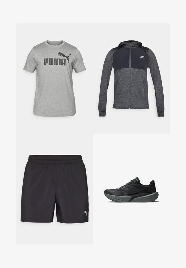 Grå sports hættejakke med lynlås foran, kontrasterende mørkere skuldre, to forlommer og et lille logo på venstre bryst.; Grå bomulds t-shirt med korte ærmer, der har et stort sort "PUMA" logo og et sort puma grafik på forsiden. Rund halsudskæring.; Sorte træningsshorts med elastisk talje, lavet af letvægtsmateriale, med et lille hvidt logo på den nederste side.; Sort atletisk sko med et netpanel og strukturerede overlays. Har en tyk grå mellemsål og et strømlinet design. Kontrastlogo på siden.