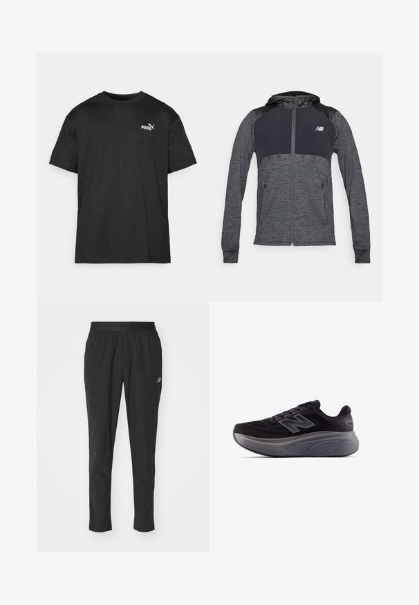 Gray athletic hoodie with a zip front, contrasting darker shoulders, two front pockets, and a small logo on the left chest.; Black cotton T-shirt, short sleeves, crew neck, features white Puma logo on left chest, straight hem, smooth texture.; Black athletic pants made of lightweight material with an elastic waistband, tapered design, and subtle logo detail on the side.; Black athletic shoe with a textured upper, reinforced heel, and a thick gray sole. Features a prominent "N" logo.