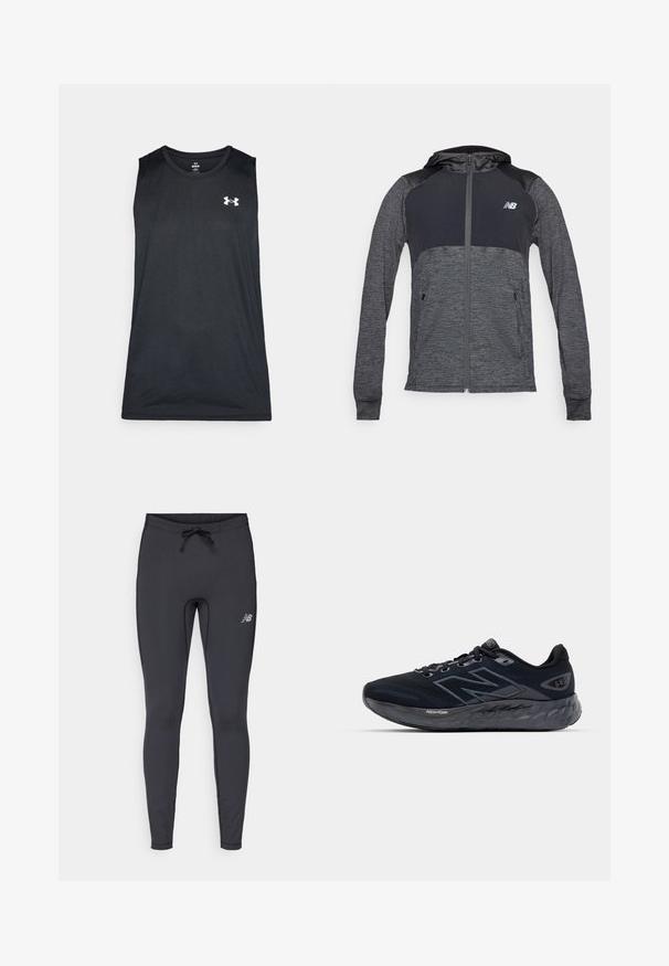 Šedá sportovní mikina s kapucí na zip, kontrastní tmavší ramena, dvě přední kapsy a malá logo na levé hrudi.; Černé bezrukávové sportovní tričko vyrobené z hladkého, prodyšného materiálu. Obsahuje kulatý výstřih a bílé logo na hrudi.; Černé sportovní legíny vyrobené z elastického materiálu. Disponují elastickým pasem se šňůrkou a malým reflexním logem na pravém stehně.; Pánské běžecké boty v černé síťovině s tlustou šedou podešví, kulatou texturou a reflexními prvky. Na boční straně se nachází logo "New Balance".