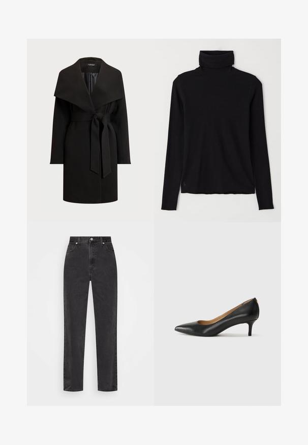Abrigo negro con un amplio cuello drapeado, mangas largas y cintura ceñida con cinturón. Hecho de un tejido suave, con un diseño limpio y minimalista.; Suéter negro de cuello alto fabricado en tela de canalé. Mangas largas, diseño ajustado y un dobladillo ligeramente relajado sin patrones o herrajes visibles.; Vaqueros de mezclilla negra de pierna recta con cintura alta, botón y cremallera en el frente, y estilo de cinco bolsillos sobre un fondo blanco.; Zapato de tacón negro de cuero con punta afilada, tacón bajo y textura suave. Presenta una ligera apertura en la parte frontal y un hardware minimalista en la parte trasera.