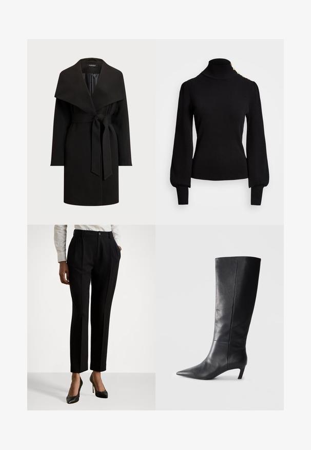 Black coat with a wide, draped collar, long sleeves, and belted waist. Made from smooth fabric, featuring a clean, minimal design.; Black turtleneck sweater with ribbed texture, puff sleeves, fitted body, and gold-button accents on the shoulder.; Black tailored trousers with a high waist, featuring pleats, a button closure, and side pockets. Made of smooth fabric.; Black leather knee-high boot with a pointed toe, structured design, and a modest heel. Smooth texture, minimal stitching details.