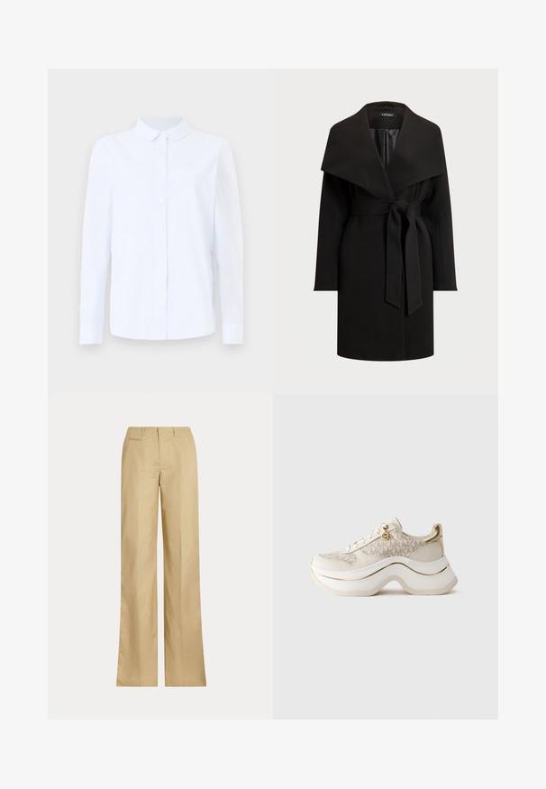 Cappotto nero con un ampio colletto drappeggiato, maniche lunghe e vita con cintura. Realizzato in tessuto liscio, presenta un design pulito e minimale.; Camicia a maniche lunghe di colore blu chiaro, realizzata in un mix di cotone testurizzato, con colletto a punta, chiusura con bottoni e taschino sul petto.; Pantaloni beige a gamba larga realizzati in cotone morbido, con una vita classica e una tasca sul retro, presentano una linea dritta e dettagli minimi.; Sneaker platform beige e oro con motivo "MK", chiusura con lacci, charm dorato e suola spessa ondulata su sfondo semplice.