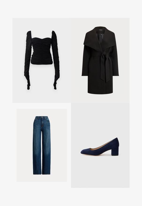 Črn plašč z širokim, drapiranim ovratnikom, dolgimi rokavi in pasom. Narejen iz gladkega materiala, z brezhibnim, minimalnim oblikovanjem.; Črn dolg rokav s nabranim vzorcem, off-shoulder oblikovanjem in prilegajočo silhueto. Material se zdi elastičen in gladek.; Široke jeans hlače v temno modri barvi. Imajo visok pas, gumbasto zapiranje in klasičen dizajn s petimi žepi. Gladka tekstura z rahlimi madeži.; Temno modri nubuk čevlji s koničastim nosom in srednje visokim blokom. Gladka tekstura z diskretnim sijajem in majhnim izrezom spredaj.
