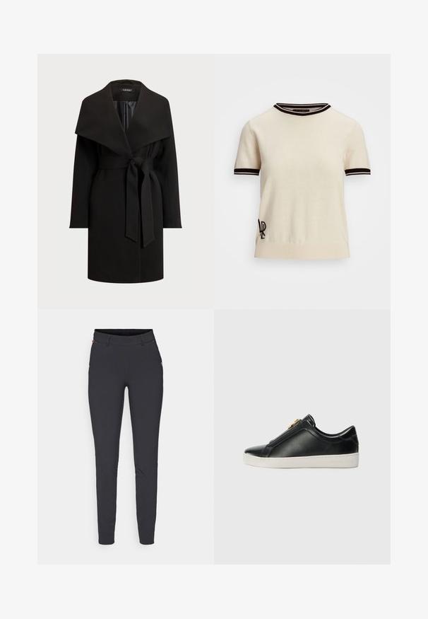 Black coat with a wide, draped collar, long sleeves, and belted waist. Made from smooth fabric, featuring a clean, minimal design.; Short-sleeve knit sweater in cream with black ribbed collar and cuff accents. Features embroidered logo on the lower left side.; Kjus WOMEN WARM STRETCH TREGGINGS - Trousers - black; Black leather slip-on shoes with a raised seam, silver hardware detail on the upper, and a white rubber sole featuring embossed branding.