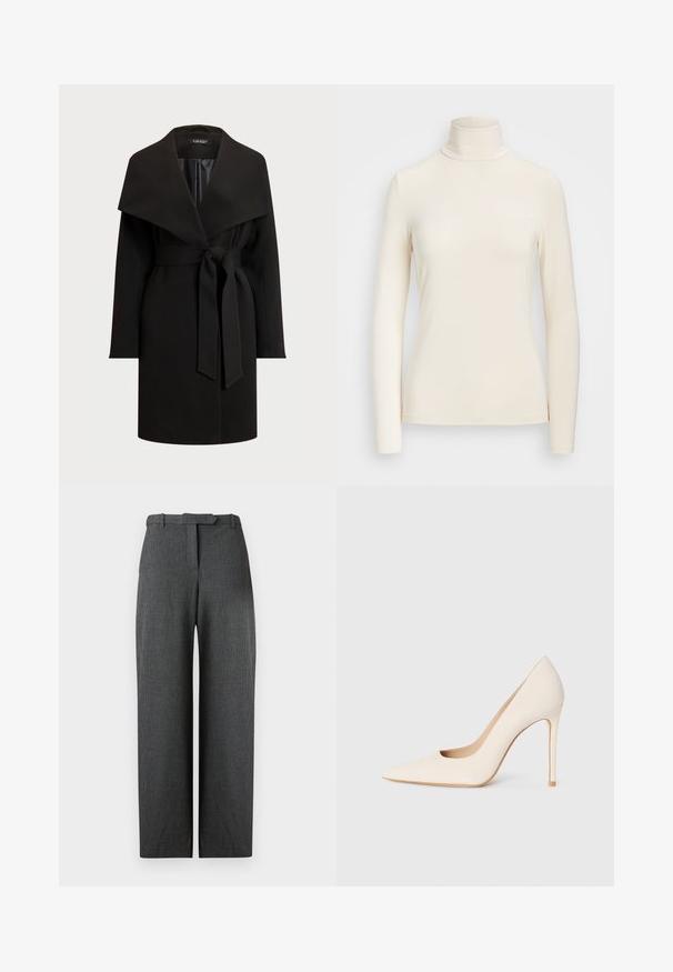 Melna mēteli ar plašu, karājošu apkakli, garām piedurknēm un jostu vidukļa daļā. Izgatavots no gludas auduma, tam ir tīrs, minimālisma dizains.; Ilgi piedurkņu t-krekls ar augstu apkakli, izgatavots no mīksta krēma krāsas auduma. Tam ir pieguļošs dizains un bezšuvju piedurkņu maliņas.; Pelēki teksturēti platā kāju bikses ar pielāgotu piegriezumu, aprīkotas ar jostas cilpām un sānu kabatām, izgatavotas no gluda auduma.; Beige ar pointētiem pirkstiem augstpapēžu kurpes ar stiletto papēdi un gludu tekstūru, izliktas uz vienkārša gaiša fona.