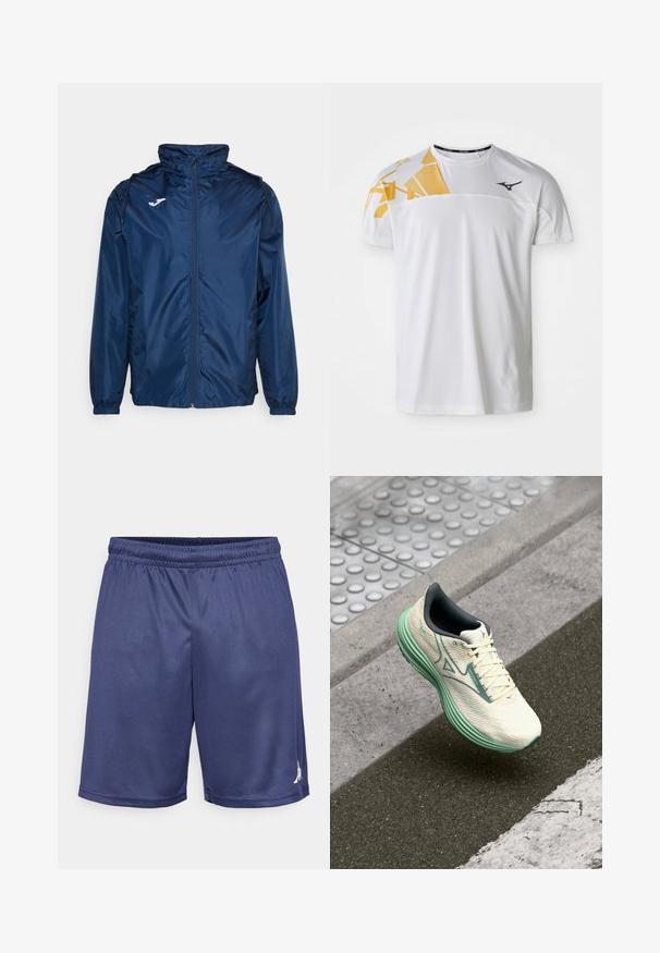 Casaco corta-vento azul-marinho com colarinho alto, fecho de correr frontal completo, punhos elásticos e logótipo branco no lado esquerdo do peito. Tecido liso e leve.; Camiseta desportiva branca com um design geométrico amarelo em um dos ombros, textura suave, decote redondo e logotipo em cinza escuro.; Calções atléticos azul-marinho feitos de tecido que elimina a umidade, apresentando uma cintura elástica e um pequeno logótipo na parte inferior.; Sapatilha de corrida leve em creme e verde menta. Apresenta um cabedal texturizado, sola acolchoada e sistema de atilhos para um ajuste seguro.