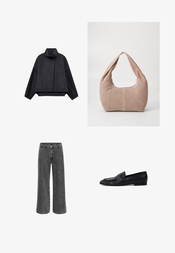 Temno siva jakna skrajšane dolžine, izdelana iz teksturirane tkanine. Ima visok ovratnik, dolge rokave in dve sprednji žepki z minimalnimi podrobnostmi gumbov.; Črn pleten pulover z rebrasto teksturo, okroglo izrezanjem in dolgimi rokavi. Skrajšana zasnova z ohlapnim krojem. Brez vidnih vzorcev ali dodatkov.; Hlače širokih nogavic iz izbledele črne denima, ki imajo klasično zapiranje na gumb, pet žepov in nekoliko teksturirano površino.; Črni usnjeni loafers čevlji z zaobljenim nosom, šivani detajli spredaj in ravnim podplatom. Minimalistična zasnova z diskretnim logotipom.; Hobo torba iz mehkega, usnjeno podobnega materiala v svetlo bež barvi. Ima okroglo obliko, širok trak in zadrgo.