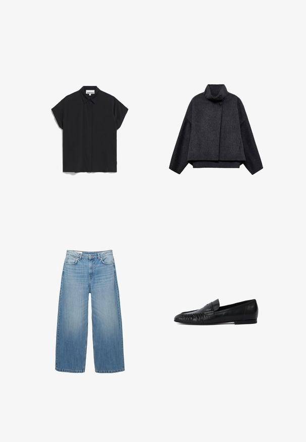 Donkergrijze cropped jas van textuurstof. Voorzien van een hoge kraag, lange mouwen en twee voorkwesten met minimale knoopdetails.; Gestructureerde grijze trui met een losse pasvorm, lange mouwen en een brede halslijn. Zachte, pluizige stof met een lichte glans. Geen opvallende patronen of accenten.; Zwarte korte mouwen shirt met een kraag, met een schoon, minimalistischer ontwerp en een gladde stoftextuur, knoopsluiting aan de voorkant en geen zichtbare patronen.; Lichtblauwe wijde jeans van denim, met een klassieke vijf-pocketontwerp en een knoopsluiting. Verbleekte textuur overal.; Zwarte leren loafers met een ronde neus, gestikte details aan de voorkant en een platte zool. Minimalistisch ontwerp met een subtiele logo-accent.