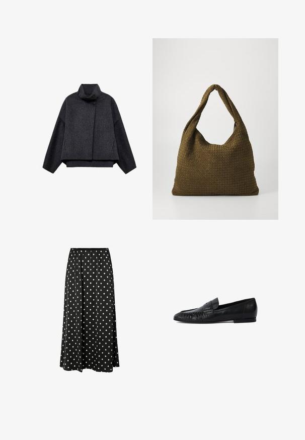 Mörkgrå kort jacka i texturerat tyg. Har en hög krage, långa ärmar och två framfickor med minimala knappdetaljer.; Svart stickad tröja med rund halsringning, långa ärmar och en cropped design. Tillverkad av ett mjukt material med en slät yta.; Svart kjol med prickar i en flödande design, med vita prickar, elastisk midjeband, medellång längd och mjukt material.; Svarta läderloafers med rund tå, stygn på framsidan och platt sula. Minimalistisk design med en diskret logotypaccent.; Vävd tygväska i olivgrön med en rymlig, rundad form och ett enda, förlängt handtag för bärning. Strukturerad yta.