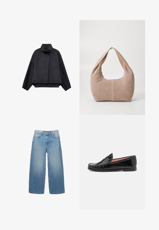 Czarnoszary krótki płaszcz wykonany z teksturowanej tkaniny. Posiada wysoki kołnierz, długie rękawy i dwie przednie kieszenie z minimalnymi detalami guzików.; Czarny sweter wykonany na szydełku z okrągłym dekoltem, długimi rękawami i skróconym fasonem. Wykonany z miękkiego materiału o gładkiej fakturze.; Jasnoniebieskie dżinsy o szerokich nogawkach, wykonane z denimu, charakteryzujące się klasycznym pięciopocketowym fasonem i zapięciem na guzik. Przez cały materiał widoczny jest efekt wypłowienia.; Czarne lakierowane loafersy z zaokrąglonym noskiem, ozdobnym przeszyciem na cholewce oraz niską, płaską gumową podeszwą.; Torebka typu hobo wykonana z miękkiego, zamszowego materiału w jasnym beżowym kolorze. Charakteryzuje się zaokrąglonym kształtem, szerokim paskiem oraz zapięciem na zamek.