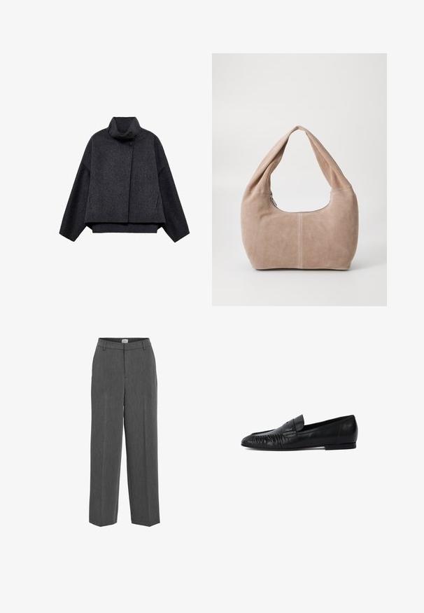 Dark gray cropped jacket made from textured fabric. Features a high collar, long sleeves, and two front pockets with minimal button details.; Black knit sweater with a crew neck, long sleeves, and a cropped design. Made from a soft material with a smooth texture.; Gray tailored pants with a straight-leg design, flat front, and subtle texture. Features a waistband with belt loops and no visible pockets.; Black leather loafers with a rounded toe, stitched detailing on the front, and a flat sole. Minimalist design with a subtle logo accent.; Hobo bag made of soft, suede material in a light beige color. Features a rounded shape with a wide strap and zip closure.