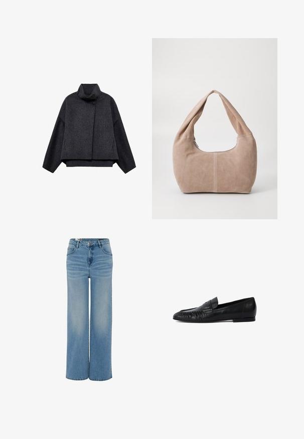 Dunkelgraue cropped Jacke aus strukturiertem Stoff. Sie hat einen hohen Kragen, lange Ärmel und zwei vordere Taschen mit minimalen Knopfdetails.; Schwarzer Strickpullover mit Rundhalsausschnitt, langen Ärmeln und cropped Design. Hergestellt aus einem weichen Material mit glatter Textur.; Hellblaue weite Jeans aus Denim. Mit hohem Bund, Fünf-Taschen-Design und subtilen Ausbleichungen im Stoff.; Schwarze Lederloafers mit runder Zehe, gestickten Details an der Vorderseite und flacher Sohle. Minimalistisches Design mit dezentem Logoakzent.; Hobo-Tasche aus weichem Wildledermaterial in einem hellen Beigeton. Verfügt über eine runde Form, einen breiten Riemen und einen Reißverschluss.