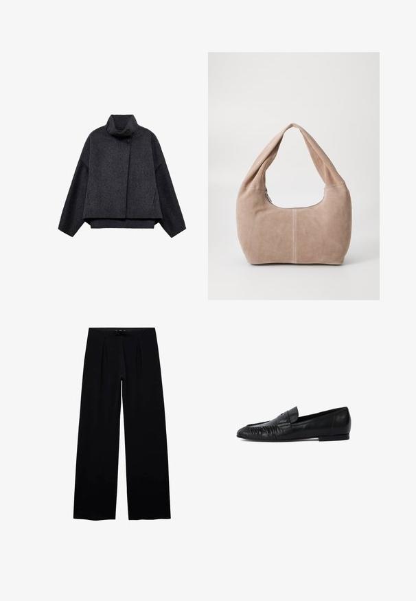 Dunkelgraue cropped Jacke aus strukturiertem Stoff. Sie hat einen hohen Kragen, lange Ärmel und zwei vordere Taschen mit minimalen Knopfdetails.; Schwarzer Strickpullover mit Rundhalsausschnitt, langen Ärmeln und cropped Design. Hergestellt aus einem weichen Material mit glatter Textur.; Schwarze weit geschnittene Hose mit glatter Textur, zwei vorderen Falten und einem elastischen Bund für zusätzlichen Komfort. Keine sichtbaren Beschläge oder Muster.; Schwarze Lederloafers mit runder Zehe, gestickten Details an der Vorderseite und flacher Sohle. Minimalistisches Design mit dezentem Logoakzent.; Hobo-Tasche aus weichem Wildledermaterial in einem hellen Beigeton. Verfügt über eine runde Form, einen breiten Riemen und einen Reißverschluss.