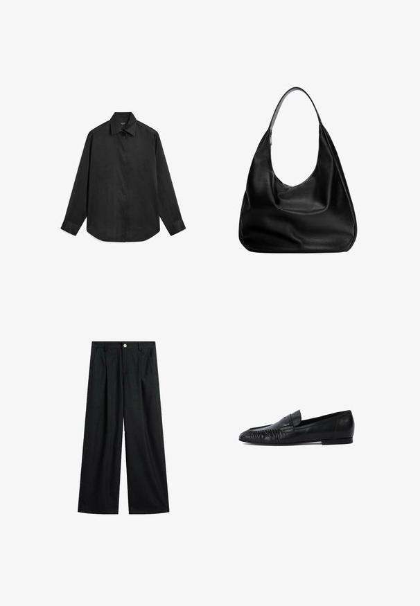Giacca corta grigia scura realizzata in tessuto testurizzato. Presenta un colletto alto, maniche lunghe e due tasche frontali con dettagli di bottone minimal.; Maglione nero a girocollo realizzato in tessuto morbido, con maniche lunghe e un design pulito e semplice, privo di motivi o dettagli distintivi.; Maglietta nera a maniche lunghe realizzata in un tessuto leggero e liscio. Presenta un colletto a punta, una chiusura a bottoni e un orlo arrotondato.; Pantaloni larghi neri con sottili righe verticali, chiusura frontale con bottone, passanti per cintura e tasche laterali, posati su uno sfondo bianco.; Mocassini in pelle nera con punta arrotondata, dettagli cuciti sul davanti e suola piatta. Design minimalista con un sottile accento del logo.; Borsa hobo in pelle nera con design morbido, ampia tracolla e texture liscia. Presenta una chiusura con zip laterale.