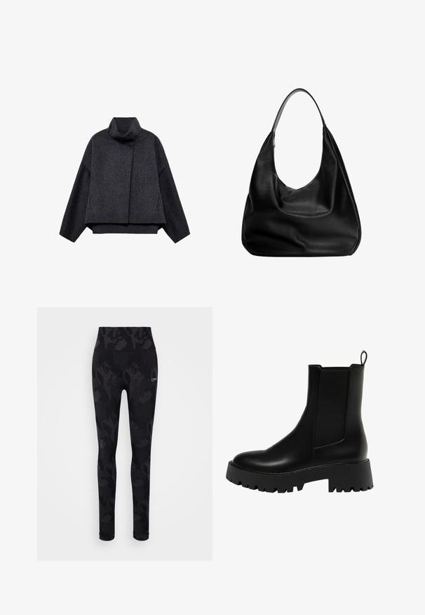 Giacca corta grigia scura realizzata in tessuto testurizzato. Presenta un colletto alto, maniche lunghe e due tasche frontali con dettagli di bottone minimal.; Maglione nero a girocollo realizzato in tessuto morbido, con maniche lunghe e un design pulito e semplice, privo di motivi o dettagli distintivi.; Leggings neri con un sottile motivo leopardo tonale, vita alta e trama liscia. Presentano il logo "ICIW" sul davanti.; Stivale alla caviglia in pelle nera con pannello laterale testurizzato, punta tonda e suola platform spessa con motivo a zigzag.; Borsa hobo in pelle nera con design morbido, ampia tracolla e texture liscia. Presenta una chiusura con zip laterale.