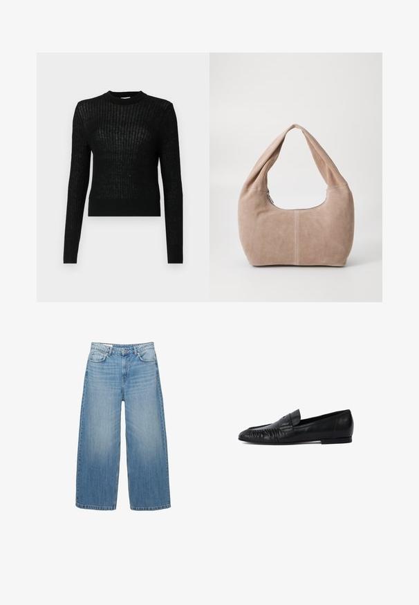 Mörkgrå kort jacka i texturerat tyg. Har en hög krage, långa ärmar och två framfickor med minimala knappdetaljer.; Svart långärmad tröja med ribbad textur, slim fit och rundad halsringning. Tillverkad av lätt material, med en kortad längd.; Svart och vit randig långärmad skjorta med rundad halsringning. Mjuk tyg, avslappnad passform och kontrasterande halsringningsdetaljer.; Ljusblå vida jeans i denim, med en klassisk femfickdesign och knappstängning. Urblekt textur genom hela plagget.; Svarta läderloafers med rund tå, stygn på framsidan och platt sula. Minimalistisk design med en diskret logotypaccent.; Hobo-väska i mjukt mockamaterial i en ljusbeige färg. Har en rundad form med ett brett axelband och dragkedjestängning.