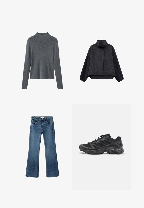 Temno siva jakna skrajšane dolžine, izdelana iz teksturirane tkanine. Ima visok ovratnik, dolge rokave in dve sprednji žepki z minimalnimi podrobnostmi gumbov.; Temno siva pletena jopica z dolgimi rokavi in visokim okroglim izrezom ter ravnim robom, prikazana na beli podlagi.; Modre flare kavbojke z srednjim pasom, petimi žepi in poškodovanim videzom. Dokončani robovi in klasično zapiranje na gumb.; Črne tekaške čevlje z mrežasto in sintetično zgornjimi deli, prilagodljivim podplatom ter elastičnimi vezalkami. Imajo oblazinjen srednji podplat za udobje.