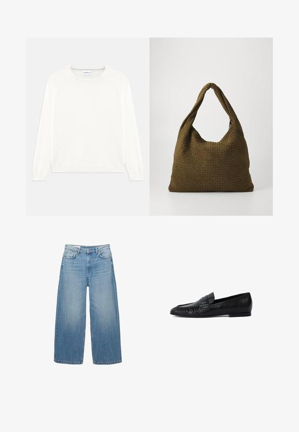 Veste cropped gris foncé en tissu texturé. Dotée d'un col haut, de manches longues et de deux poches avant avec des détails de bouton minimalistes.; Pull léger couleur crème avec un col rond, des manches longues et un ourlet côtelé. Fabriqué en tissu doux avec une texture lisse.; Jean large bleu clair en denim, avec un design classique à cinq poches et une fermeture à bouton. Texture usée sur l'ensemble.; Mocassins en cuir noir avec un bout arrondi, des coutures à l'avant et une semelle plate. Design minimaliste avec un accent de logo subtil.; Sac en tissu tissé de couleur olive avec une forme ronde et spacieuse et une longue poignée unique pour le porter. Surface texturée.
