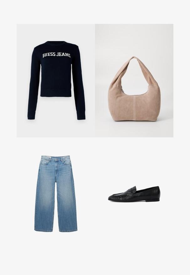 Tmavosivá skrátená bunda vyrobená z texturovanej tkaniny. Má vysoký golier, dlhé rukávy a dve predné vrecká s minimálnymi detailmi na gombíkoch.; Guess Jeans INTARSIA SWTR - Svetrík - daring ocean; Svetlomodré široké džíny vyrobené z denimu, s klasickým dizajnom piatich vreciek a zapínaním na gombík. Vyblednutá textúra po celom povrchu.; Čierne kožené poltopánky s okrúhlym špičkou, so šitím na prednej strane a plochou podrážkou. Minimalistický dizajn s nenápadným logom.; Hobo taška z mäkkej semišovej látky v svetlej béžovej farbe. Má zaoblený tvar s širokým popruhom a zipsovým uzáverom.
