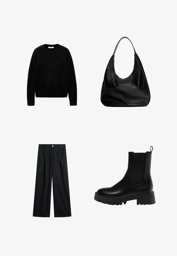 Giacca corta grigia scura realizzata in tessuto testurizzato. Presenta un colletto alto, maniche lunghe e due tasche frontali con dettagli di bottone minimal.; Maglione nero a girocollo realizzato in tessuto morbido, con maniche lunghe e un design pulito e semplice, privo di motivi o dettagli distintivi.; Pantaloni larghi neri con sottili righe verticali, chiusura frontale con bottone, passanti per cintura e tasche laterali, posati su uno sfondo bianco.; Stivale alla caviglia in pelle nera con pannello laterale testurizzato, punta tonda e suola platform spessa con motivo a zigzag.; Borsa hobo in pelle nera con design morbido, ampia tracolla e texture liscia. Presenta una chiusura con zip laterale.