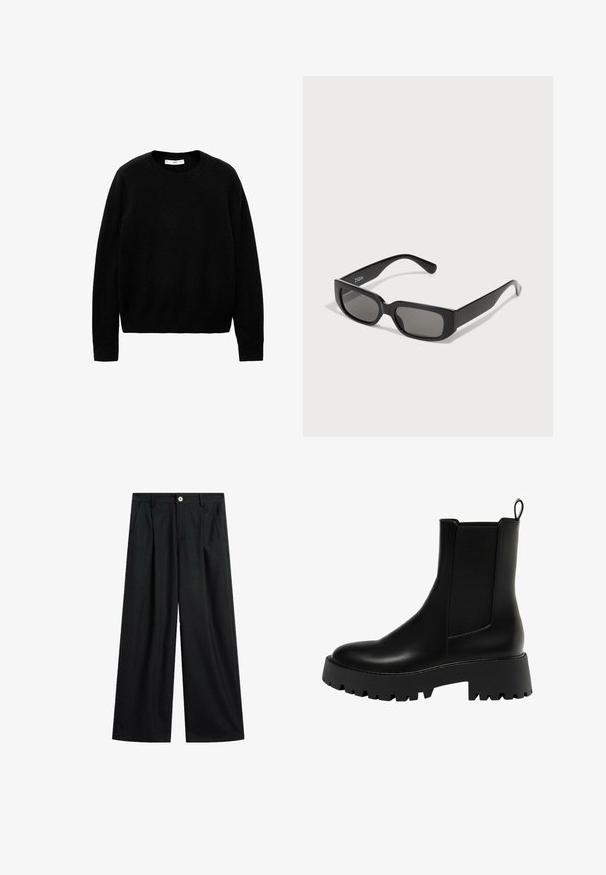 Dunkelgraue cropped Jacke aus strukturiertem Stoff. Sie hat einen hohen Kragen, lange Ärmel und zwei vordere Taschen mit minimalen Knopfdetails.; Schwarzer Rundhalsausschnitt-Pullover aus weichem Stoff, mit langen Ärmeln und einem schlichten, einfachen Design ohne ausgeprägte Muster oder Akzente.; Schwarze weite Hose mit dezenten Nadelstreifen, vorderem Knopfverschluss, Gürtelschlaufen und seitlichen Taschen, flach auf weißem Hintergrund ausgelegt.; Schwarze Leder-Stiefelette mit einem strukturierten Seitenpanel, runder Zehenpartie und klobigem Plateau-Sohlenprofil mit Zickzack-Profil.; Schwarze rechteckige Sonnenbrille mit graugläsern, aus glattem Kunststoff. Verfügt über ein minimalistisches Design mit geraden Bügeln und subtiler Markenkennzeichnung.; Schwarze Leder-Hobo-Tasche mit einem lässigen Design, breitem Schultergurt und glatter Textur. Verfügt über einen seitlichen Reißverschluss.