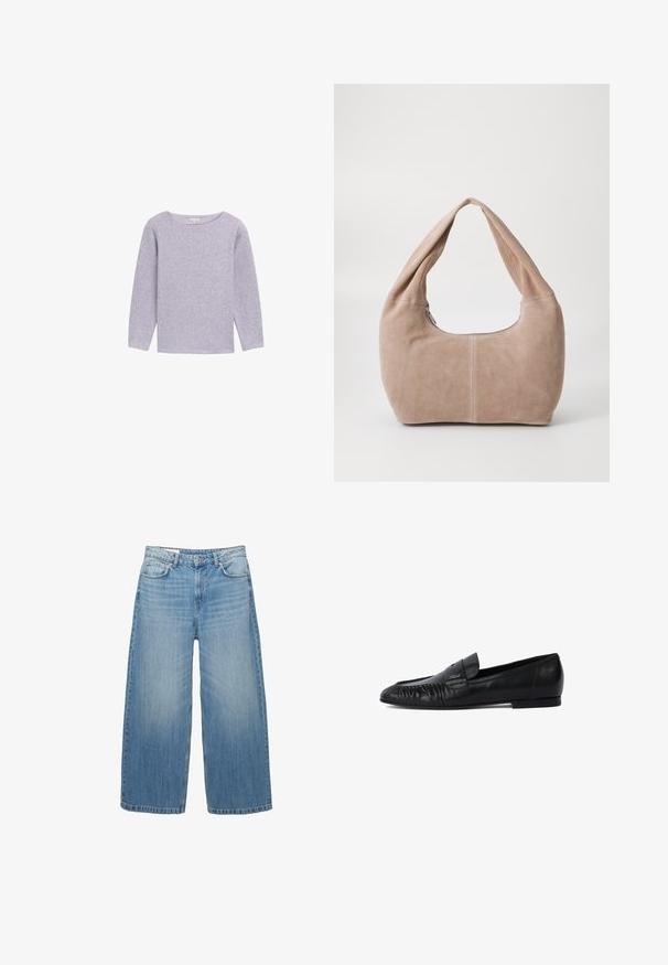 Dunkelgraue cropped Jacke aus strukturiertem Stoff. Sie hat einen hohen Kragen, lange Ärmel und zwei vordere Taschen mit minimalen Knopfdetails.; Helllila Langarmpullunder mit Rundhalsausschnitt, aus weichem, strukturiertem Gewebe, mit einem einfachen, minimalistischen Design.; Hellblaue weite Jeans aus Denim, mit einem klassischen Fünf-Taschen-Design und einem Knopfverschluss. Im ganzen Stoff mit einem verwaschenen Look.; Schwarze Lederloafers mit runder Zehe, gestickten Details an der Vorderseite und flacher Sohle. Minimalistisches Design mit dezentem Logoakzent.; Hobo-Tasche aus weichem Wildledermaterial in einem hellen Beigeton. Verfügt über eine runde Form, einen breiten Riemen und einen Reißverschluss.